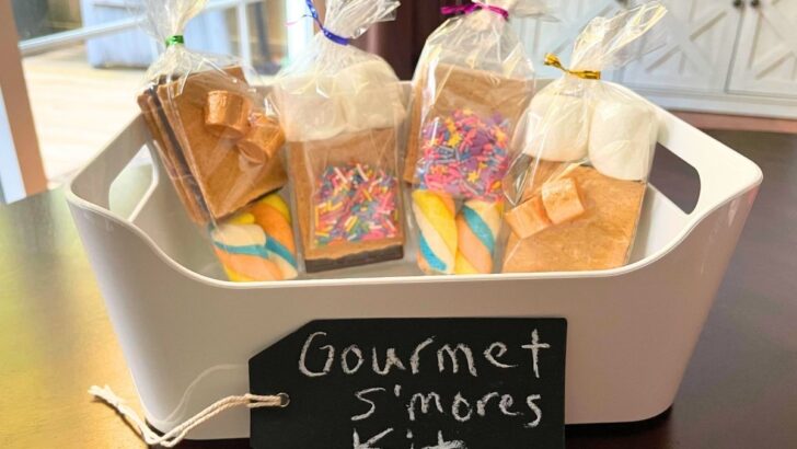white container filled with gourmet s'mores kits for kids to make and sell