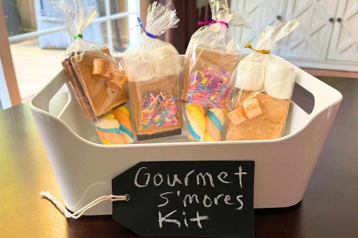 white container filled with gourmet s'mores kits for kids to make and sell
