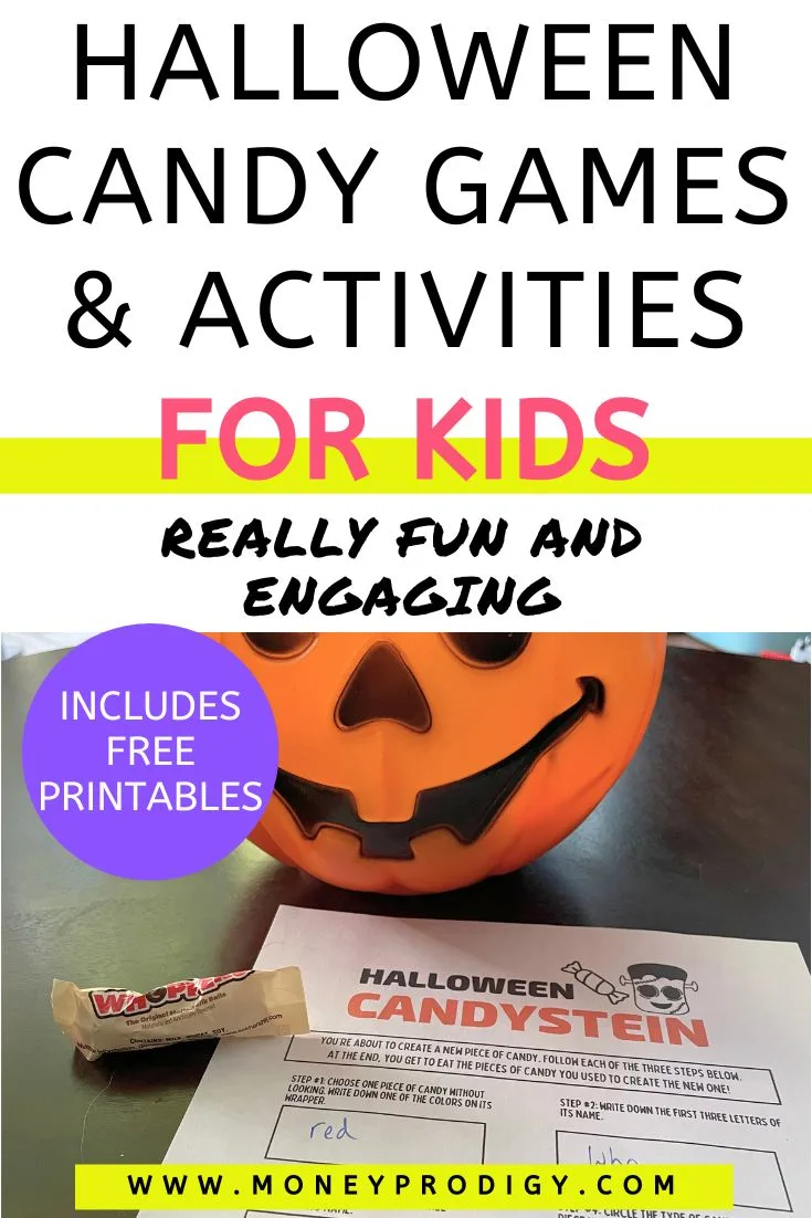 pumpkin candy pail next to printable game, text overlay "Halloween candy games and activities for kids"