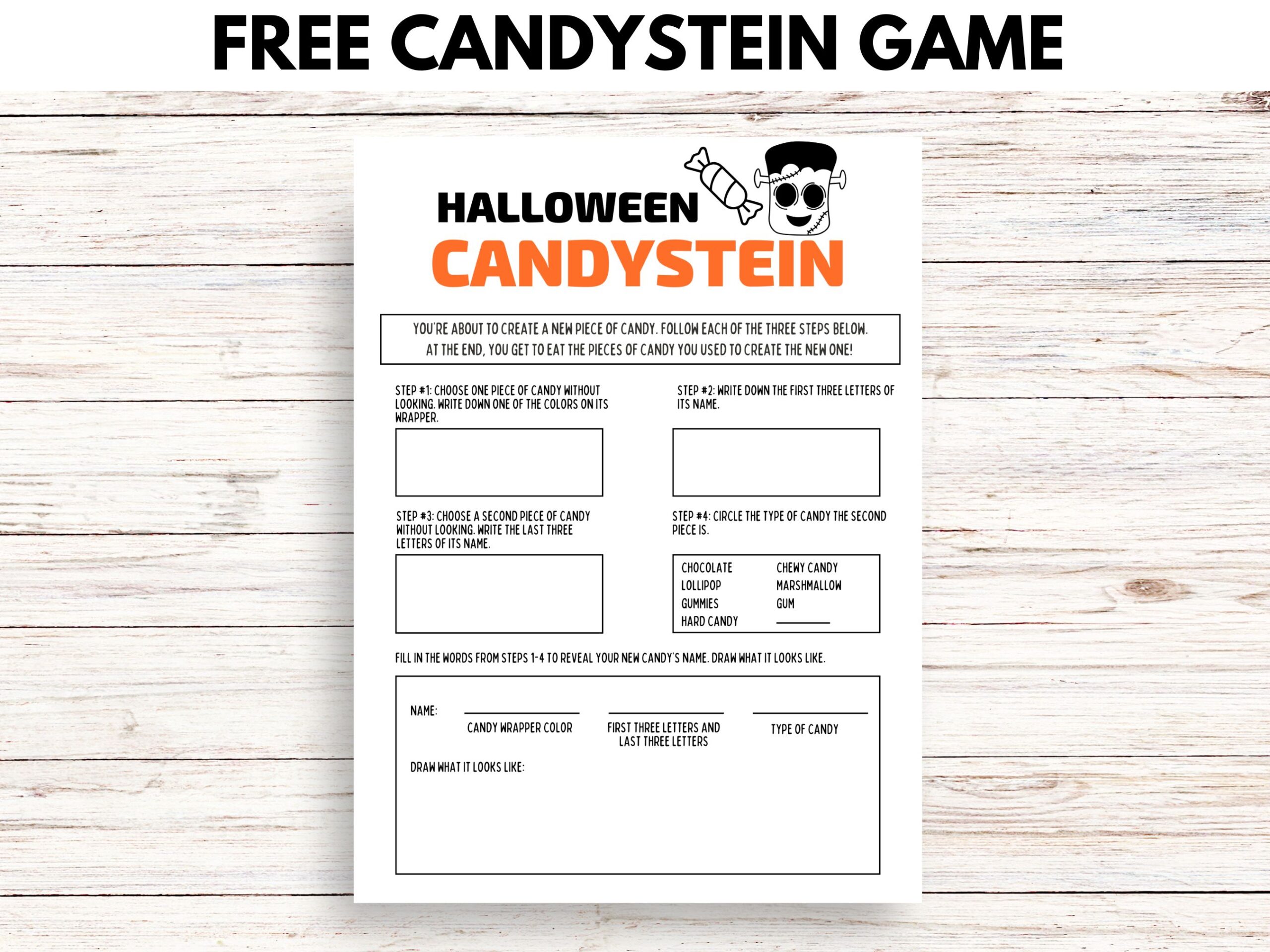 free printable Halloween Candystein game sheet on light wooden table