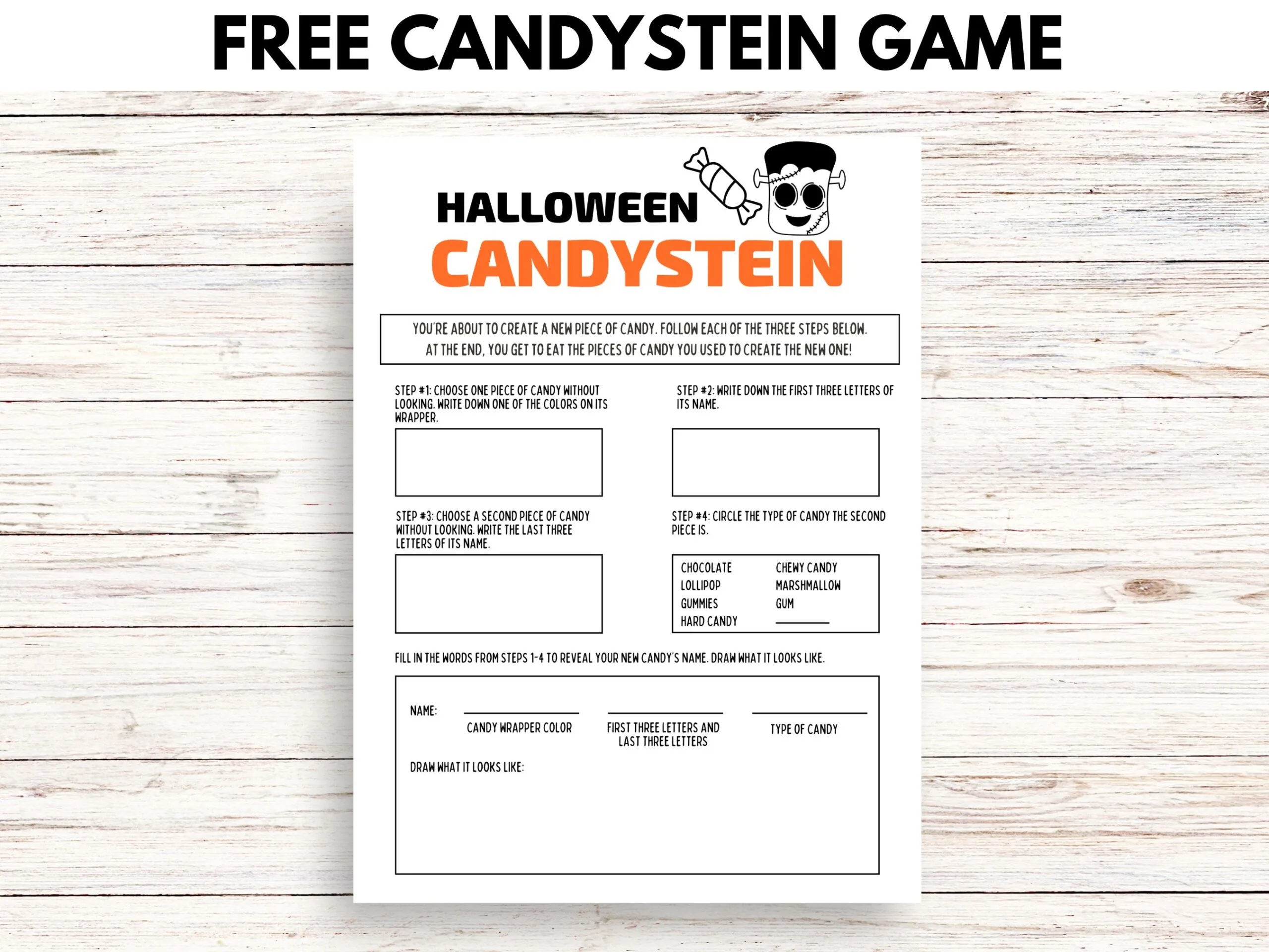 free printable Halloween Candystein game sheet on light wooden table