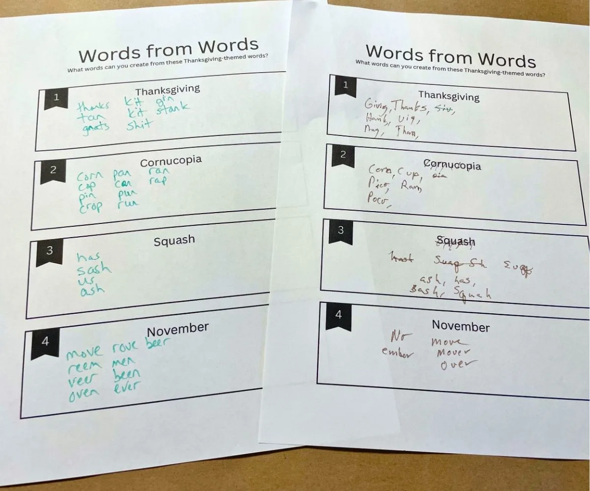 two filled out Words from Words free printable fun family games for Thanksgiving table