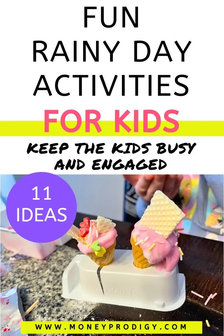 mini foods activity on table, text overlay "fun rainy day activities for kids"