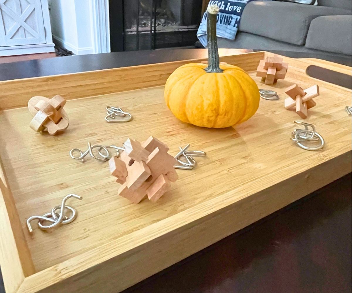 wooden tray filled with metal and wooden mini puzzles