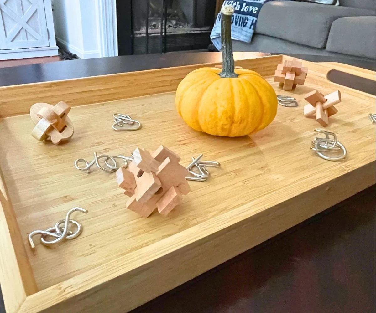 wooden tray filled with metal and wooden mini puzzles