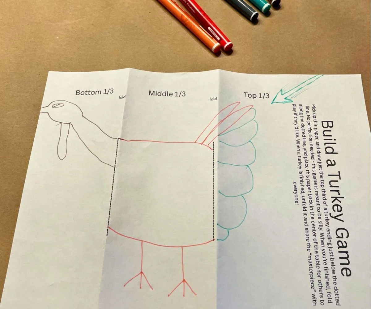 Drawn, silly looking three part turkey on the free printable Thanksgiving dinner game