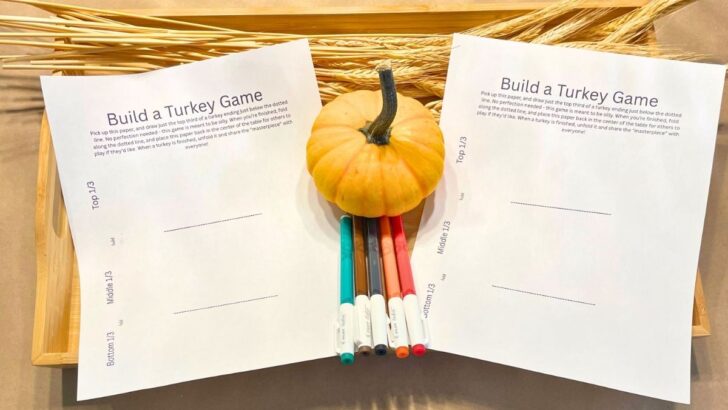 free printable thanksgiving table games on light wooden tray with wheat and mini pumpkin