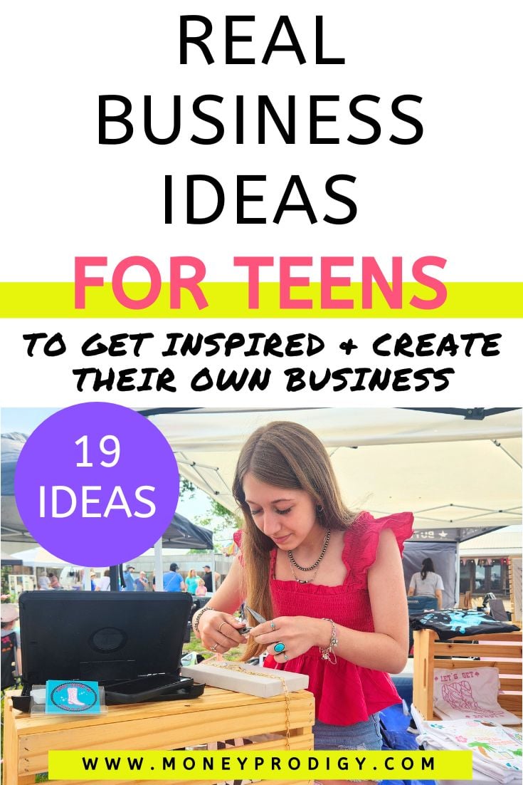 teen girl in red shirt with jewelry shop at farmer's market, text overlay "real business ideas for teens to get inspired and create their own business"