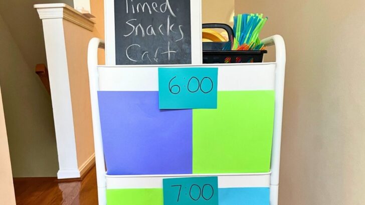 timed snacks cart with colorful paper hiding different snacks behind papers with a time on them