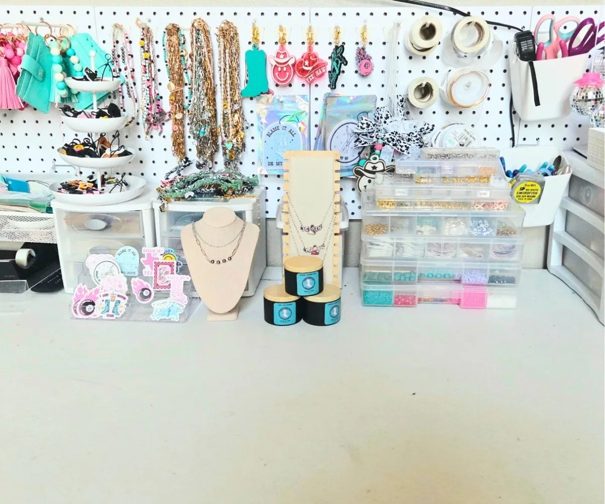 a teen business owner's with lots of colorful materials and products