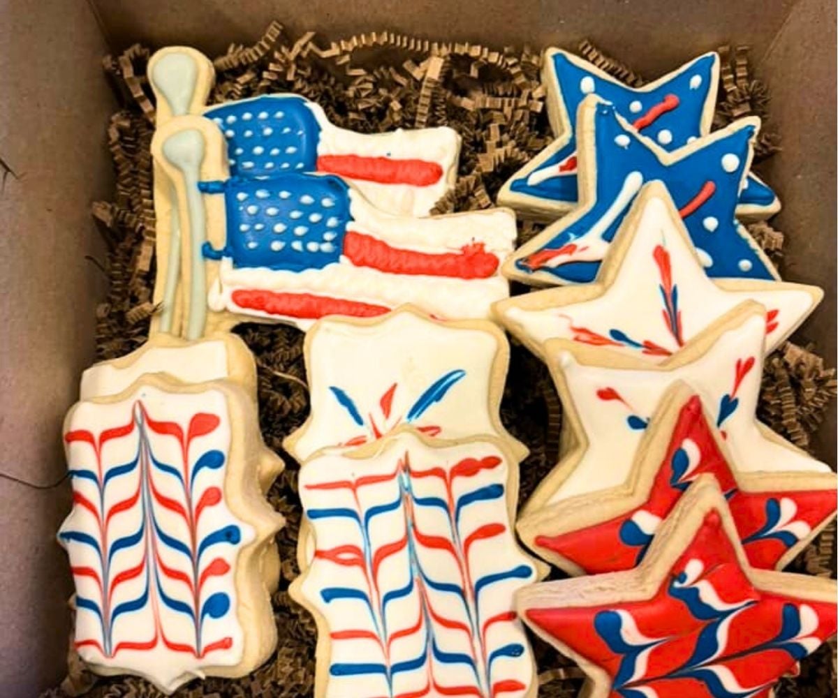 box full of homemade patriotic cookies