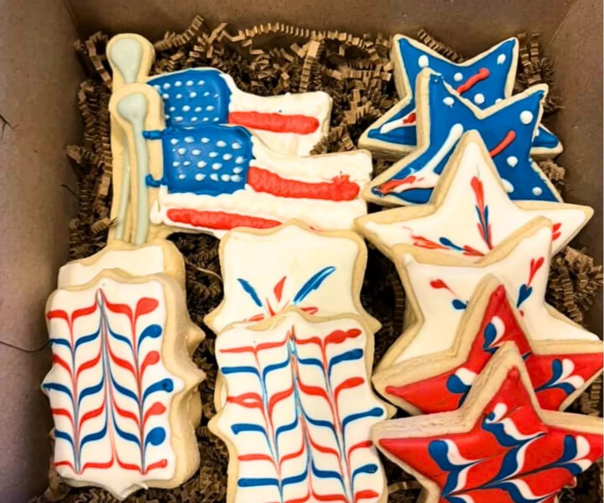 box full of homemade patriotic cookies
