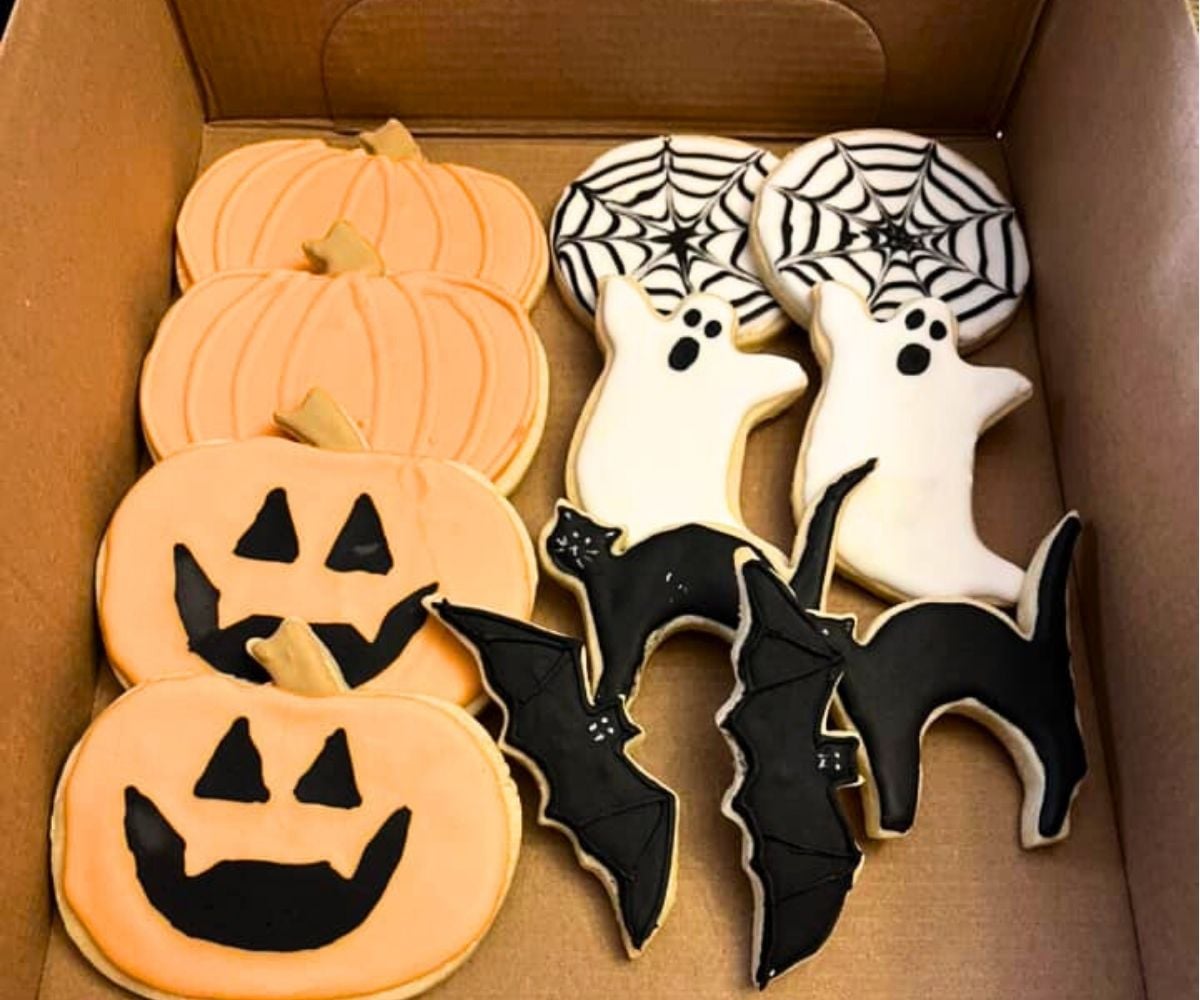 box of Halloween-decorated cookies