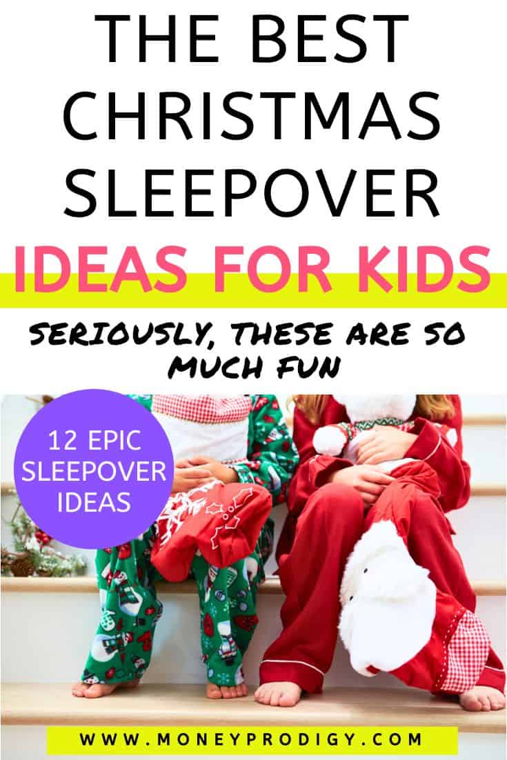 two kids in Christmas pajamas on stairs, text overlay "The Best Christmas Sleepover Ideas for Kids" 