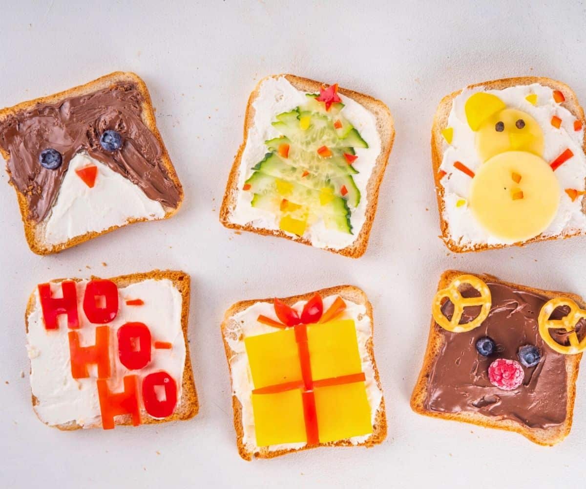 six pieces of toast decorated differently with chocolate, bananas, all kinds of things