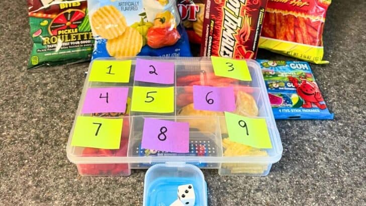 tacklebox with colored and numbered post its on outside, in front of dice and lots of extreme flavored snacks
