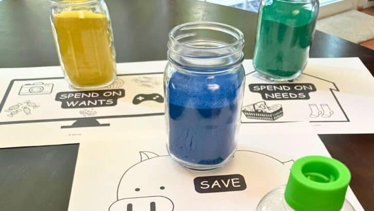 three colored sand jars representing needs, wants, and saving money