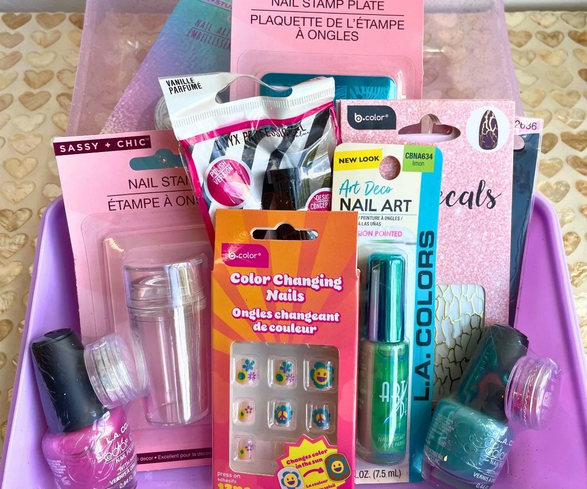 caboodle filled with colorful nail art products from Dollar Tree