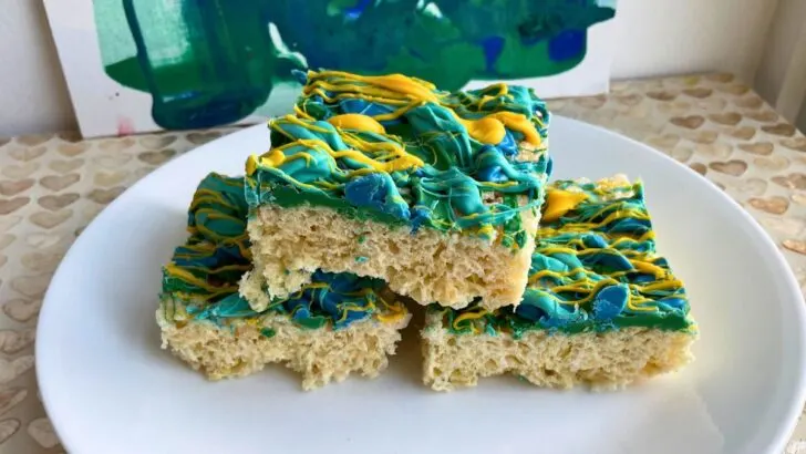 plate of three, candy-melt, graffiti-covered Rice Krispies treats