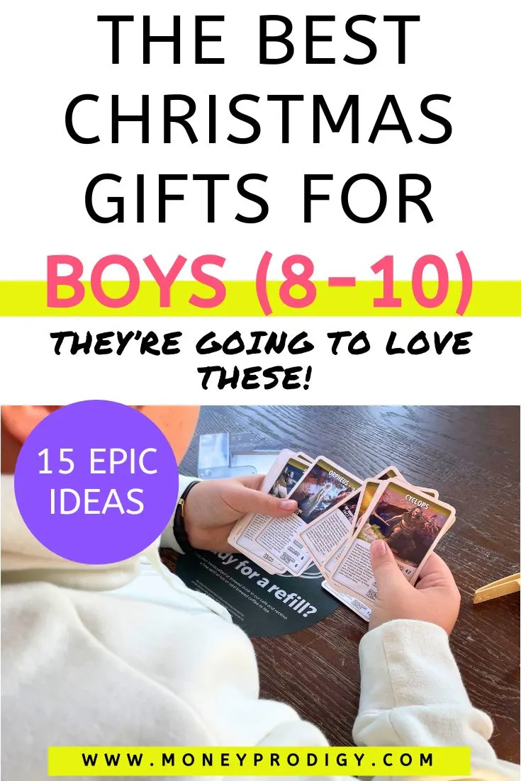9 year old playing with Top Trump cards, text overlay "the best Christmas Gifts for Boys 8-10"