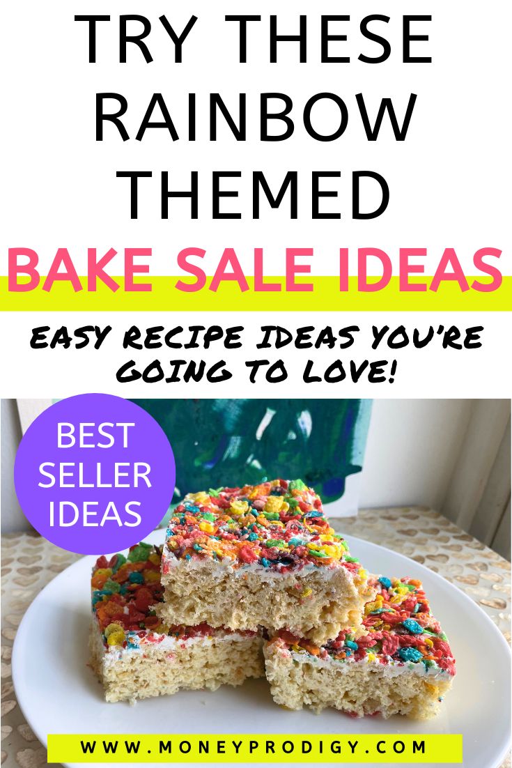 three fruity pebble covered Rice Krispies treats on a white plate, text overlay "try these rainbow-themed bake sale ideas"