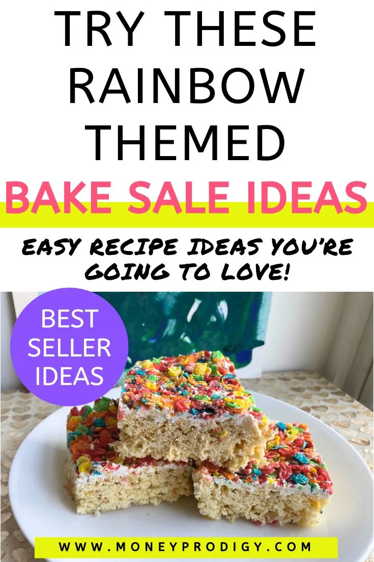 three fruity pebble covered Rice Krispies treats on a white plate, text overlay "try these rainbow-themed bake sale ideas"