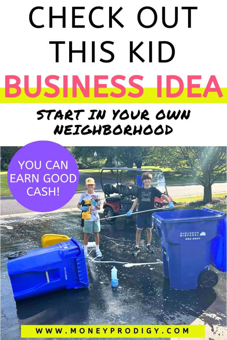 Splash Brothers holding cleaning supplies and washing garbage cans, text overlay "check out this kid business idea you can start in your own neighborhood"
