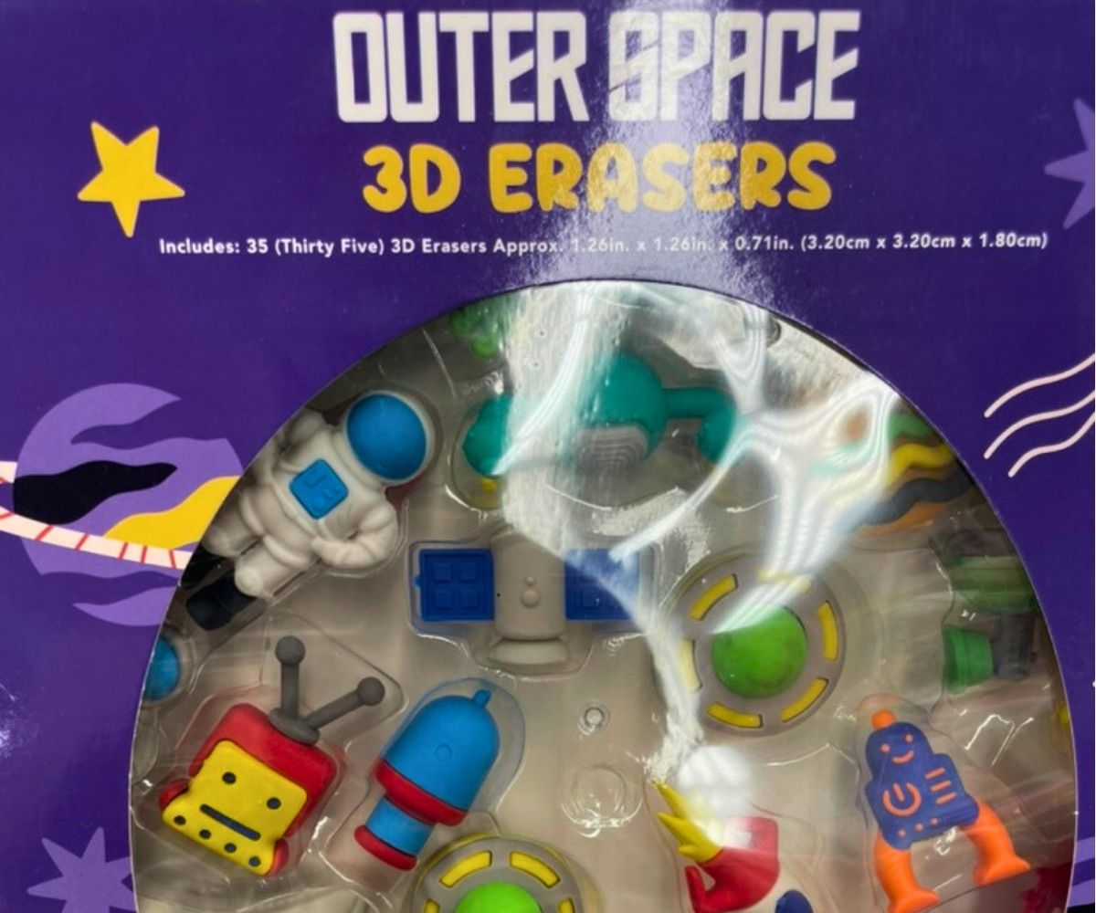 purple box of space themed 3D erasers