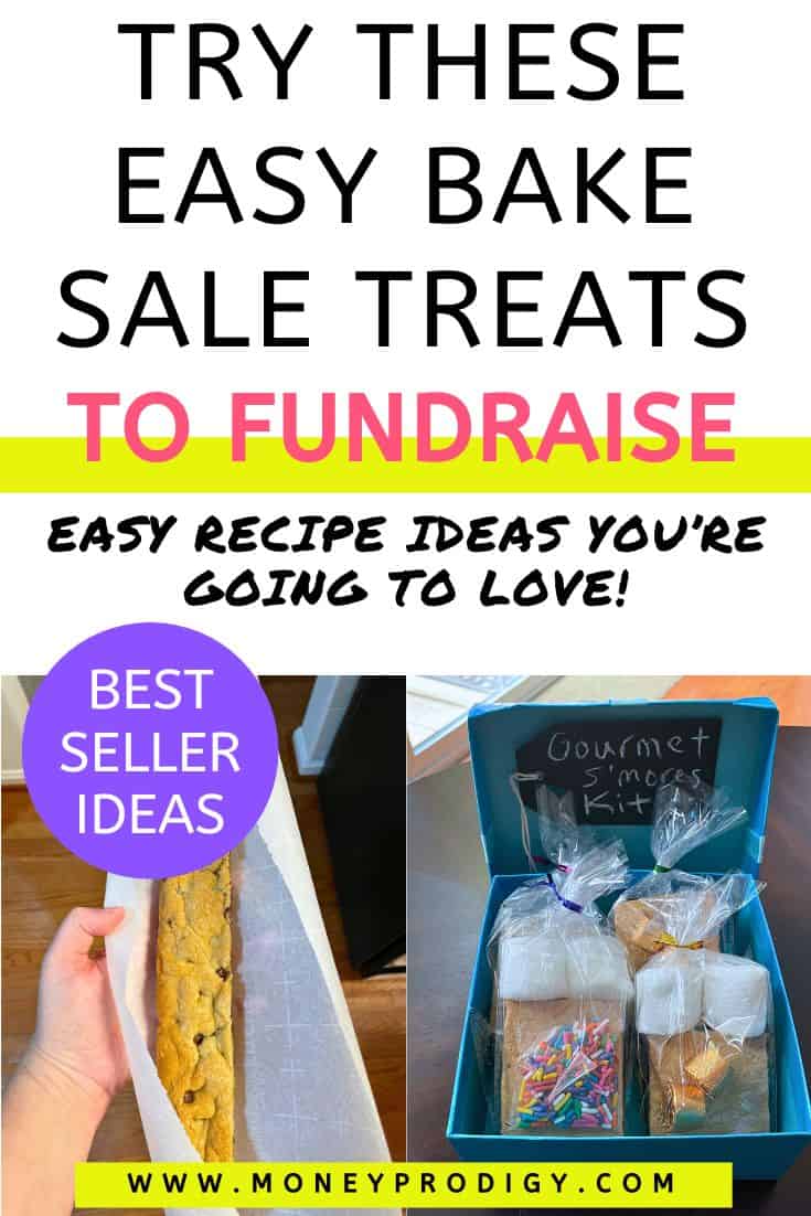 Blue box filled with prepackaged gourmet s'mores kits, and a foot long cookie bar, text overlay "try these easy bake sale treats to fundraise"