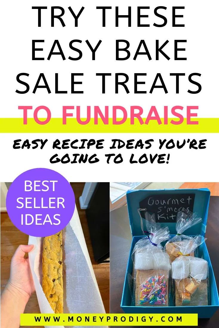 Blue box filled with prepackaged gourmet s'mores kits, and a foot long cookie bar, text overlay "try these easy bake sale treats to fundraise"