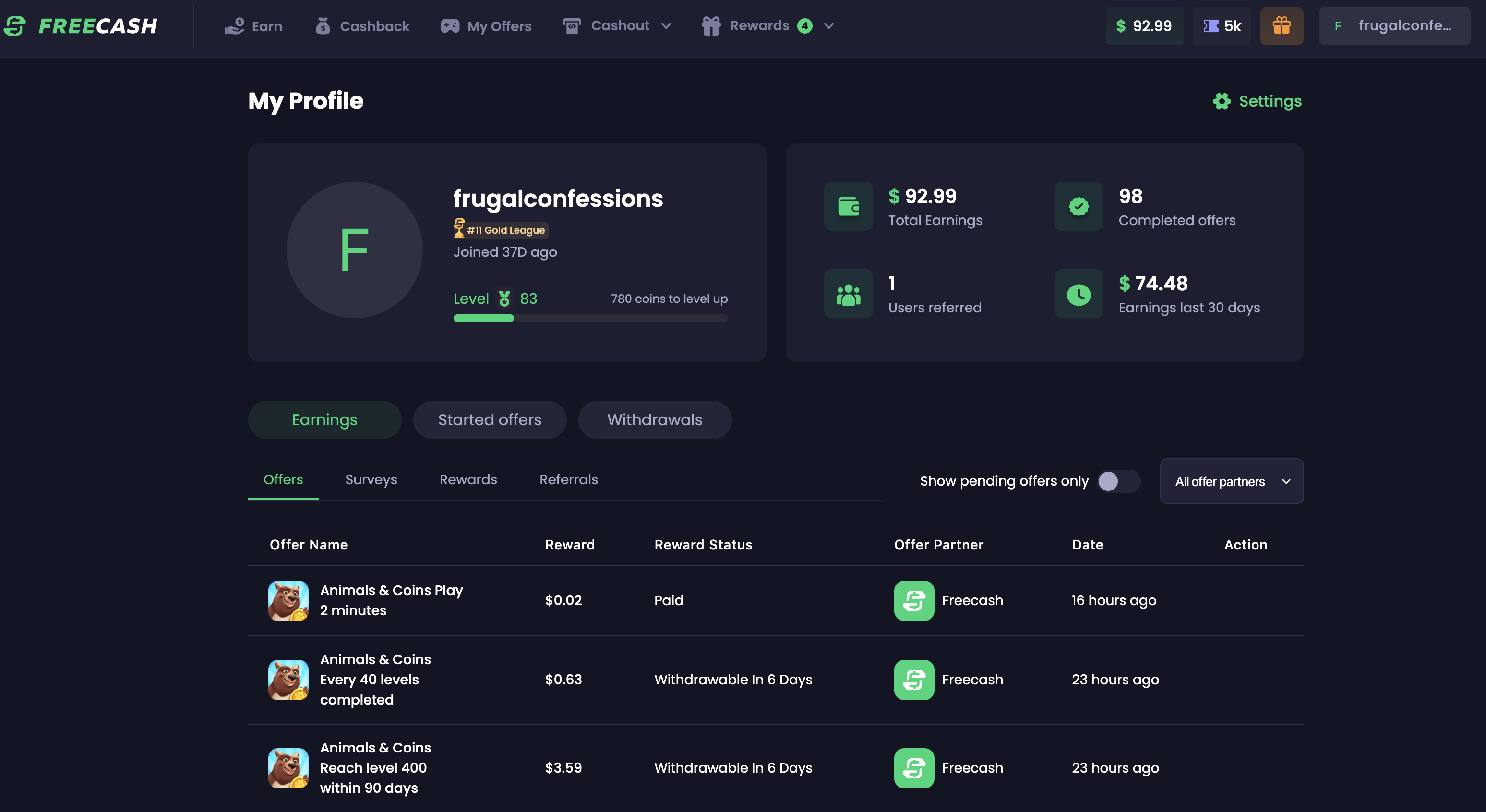 black background Freecash screen showing her account with $92.99 in earnings