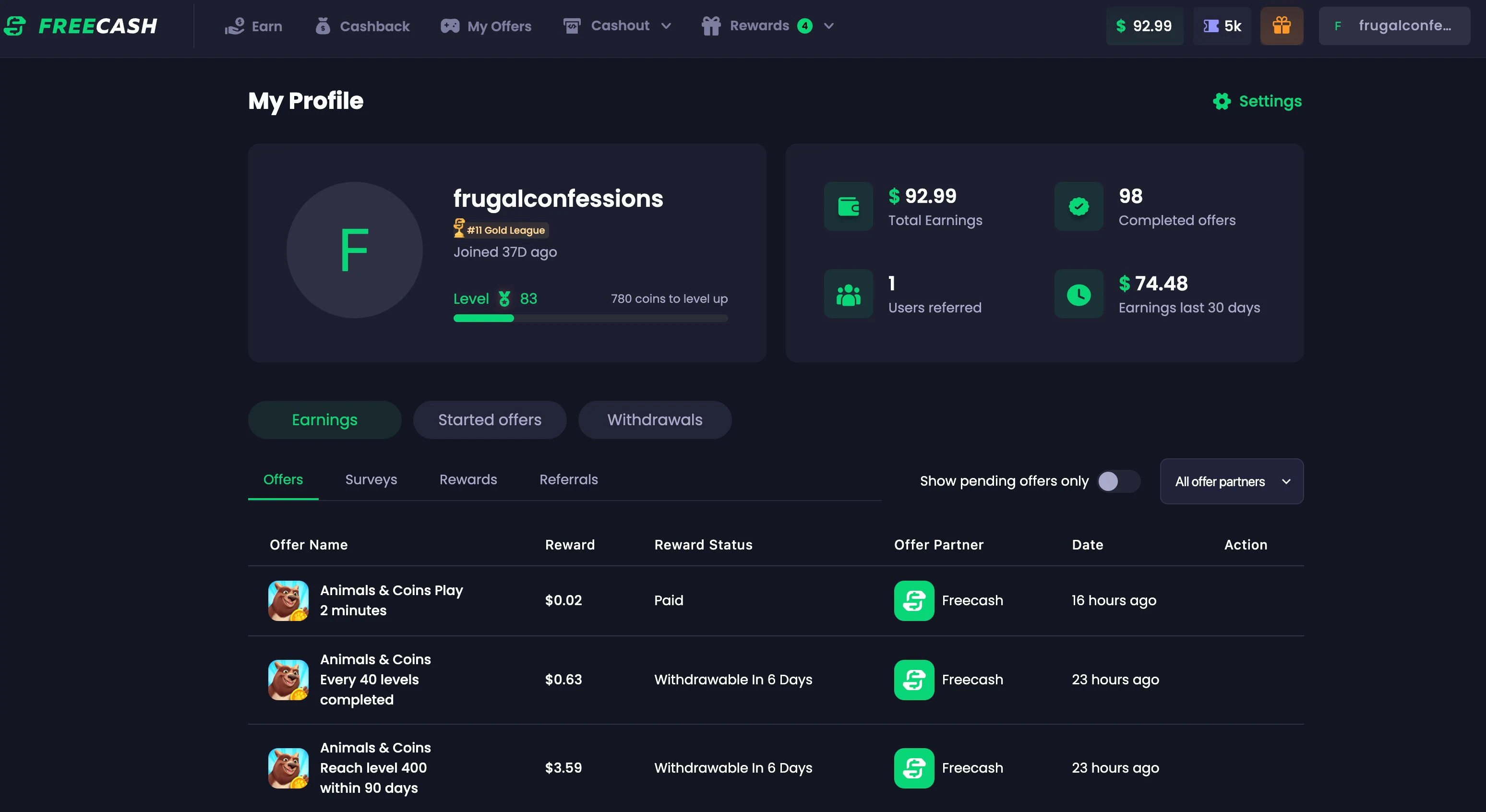 black background Freecash screen showing her account with $92.99 in earnings