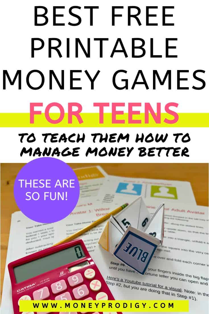 printed out fortune teller and gameboard on light wooden table, text overlay "best free printable money games for teens"