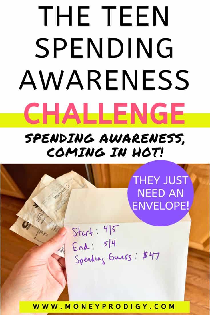 Woman holding white envelope and receipts with start/end date and estimate $47 spending, text overlay "the Teen Spending Awareness Challenge"