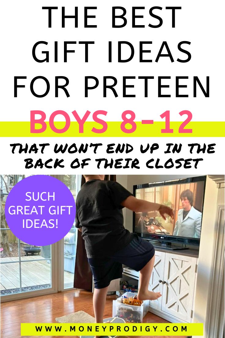 preteen boy balancing on balance board, text overlay "the best gift ideas for preteen boys 8-12"