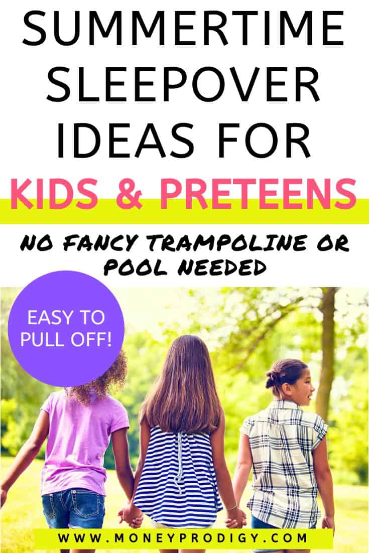 three preteen girls holding hands and walking in woods, text overlay "summertime sleepover ideas for kids & preteens"