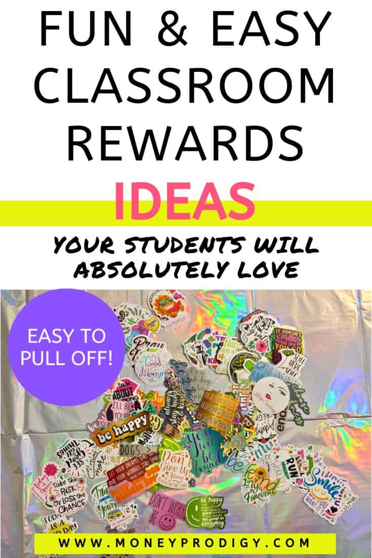 vinyl stickers on rainbow colored table cloth, text overlay "fun and easy classroom rewards ideas"