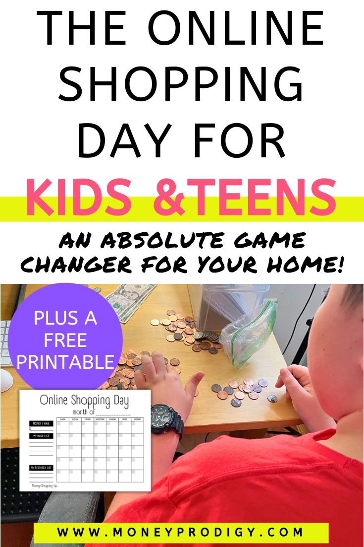 author's son counting coins and dollars on table, text overlay "the Online Shopping Day for Kids & Teens"