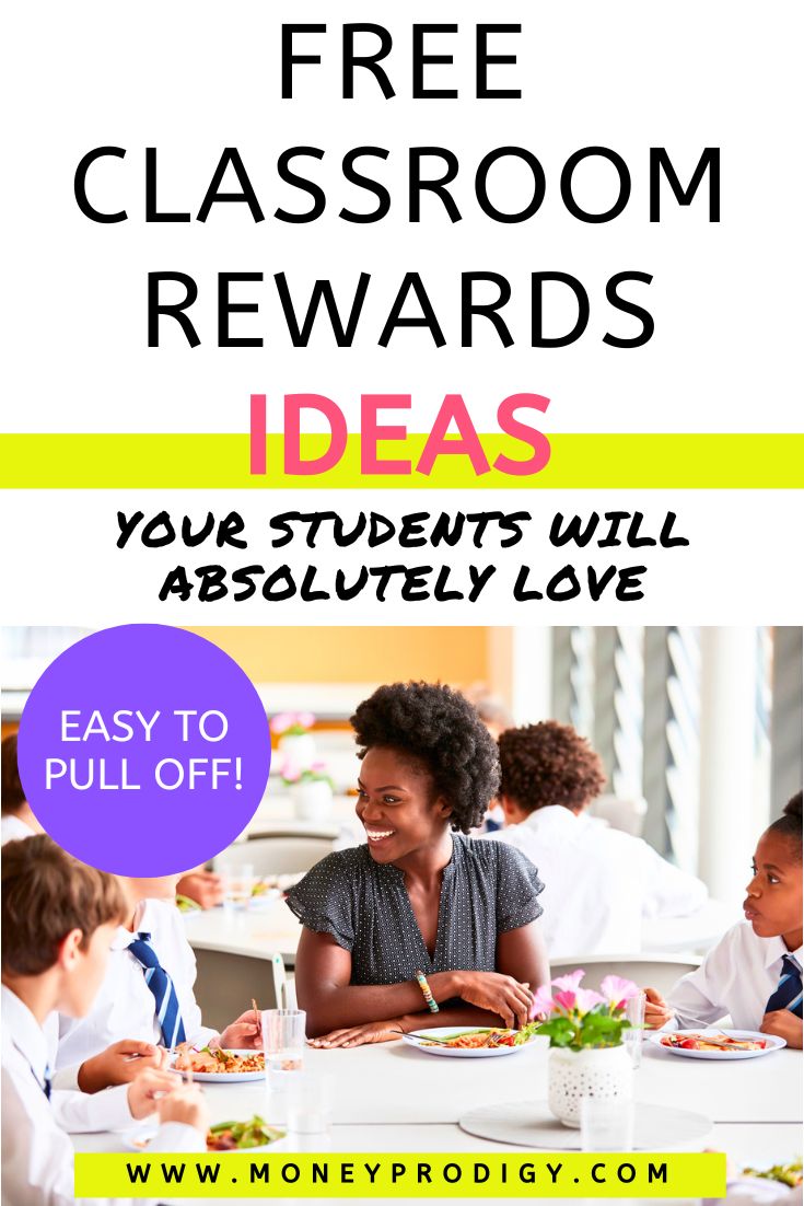 principal smiling having lunch with students, text overlay "free classroom rewards ideas"