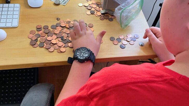 child counting coins and dollars on table to get ready for online shopping day spending