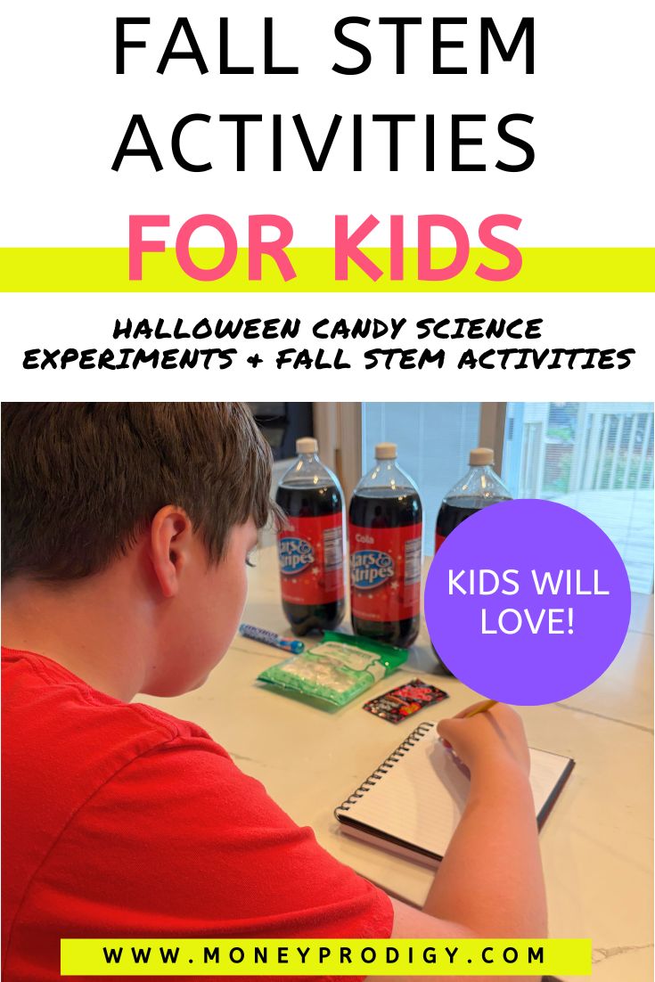 child making a prediction in a journal in front of three 2-liters of off-brand coke, text overlay "fall STEM activities for kids"