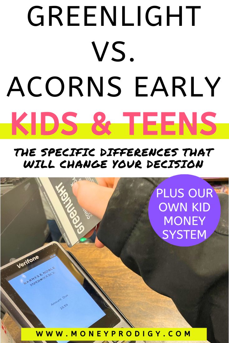 child using their Greenlight prepaid debit card at checkout, text overlay "greenlight vs acorns early kid & teen Money"