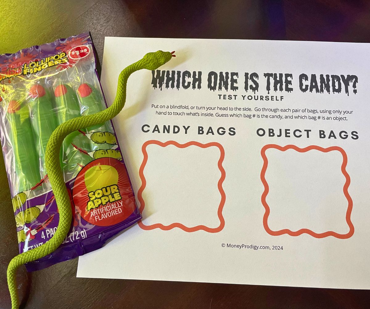 lollipop fingers and a plastic snake on free printable "Which one is the candy"